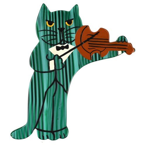 Striped Emerald Green Violinist Cat Brooch - Galalith – Vintage Jewelry - handcrafted by Pavone by Pavone