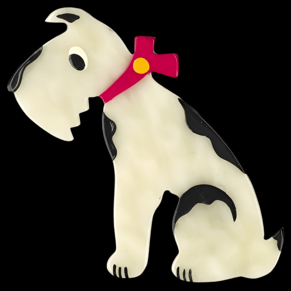 White Solito Dog with a Red Collar Brooch - Galalith – Vintage Jewelry - handcrafted by Pavone by Pavone