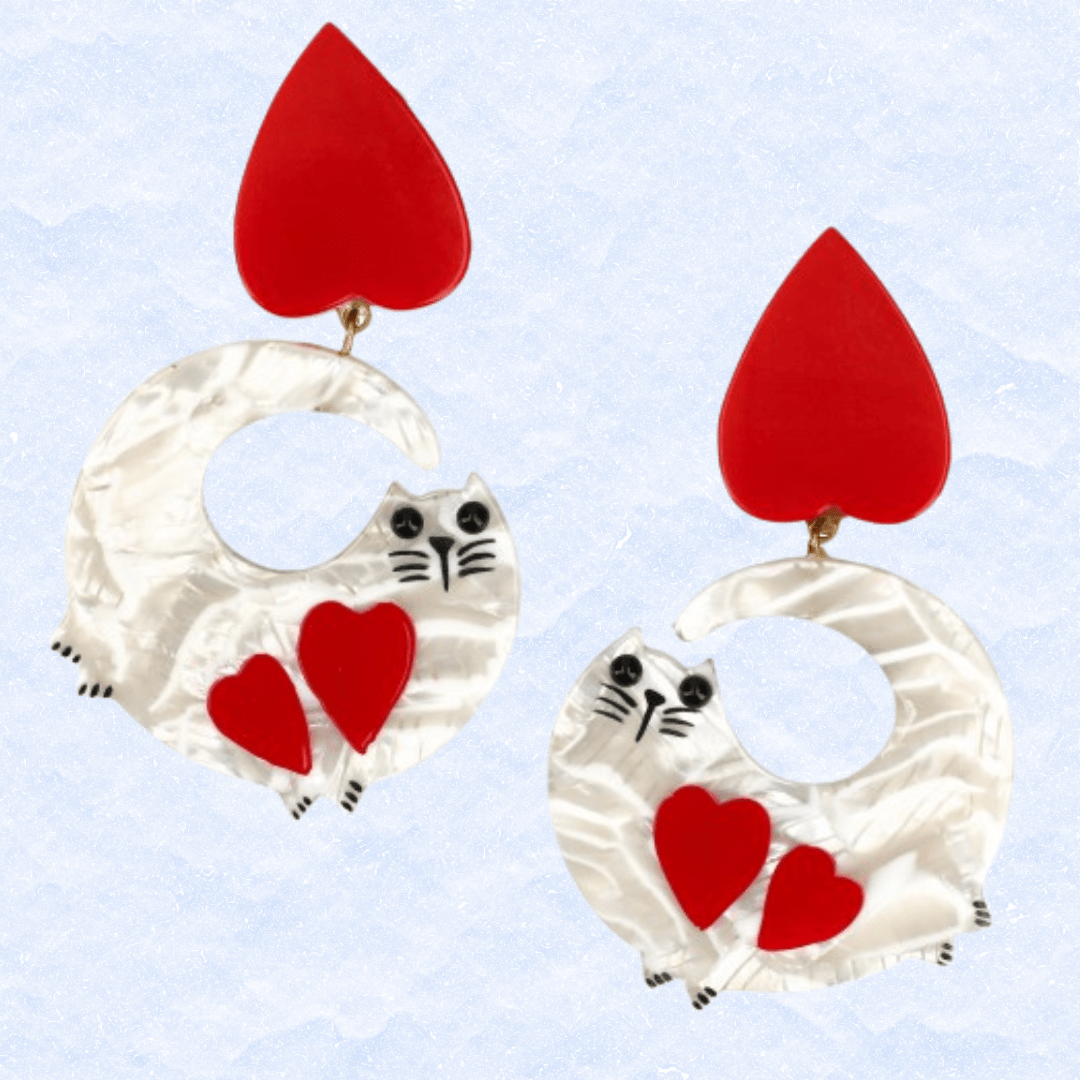 White With Red Heart Swinging Cat Earrings - Galalith – Vintage Jewelry - handcrafted by Pavone by Pavone
