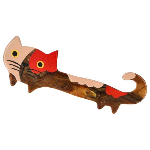 Caramel Brown with Beige and Red Yukiko Cat Brooch 
