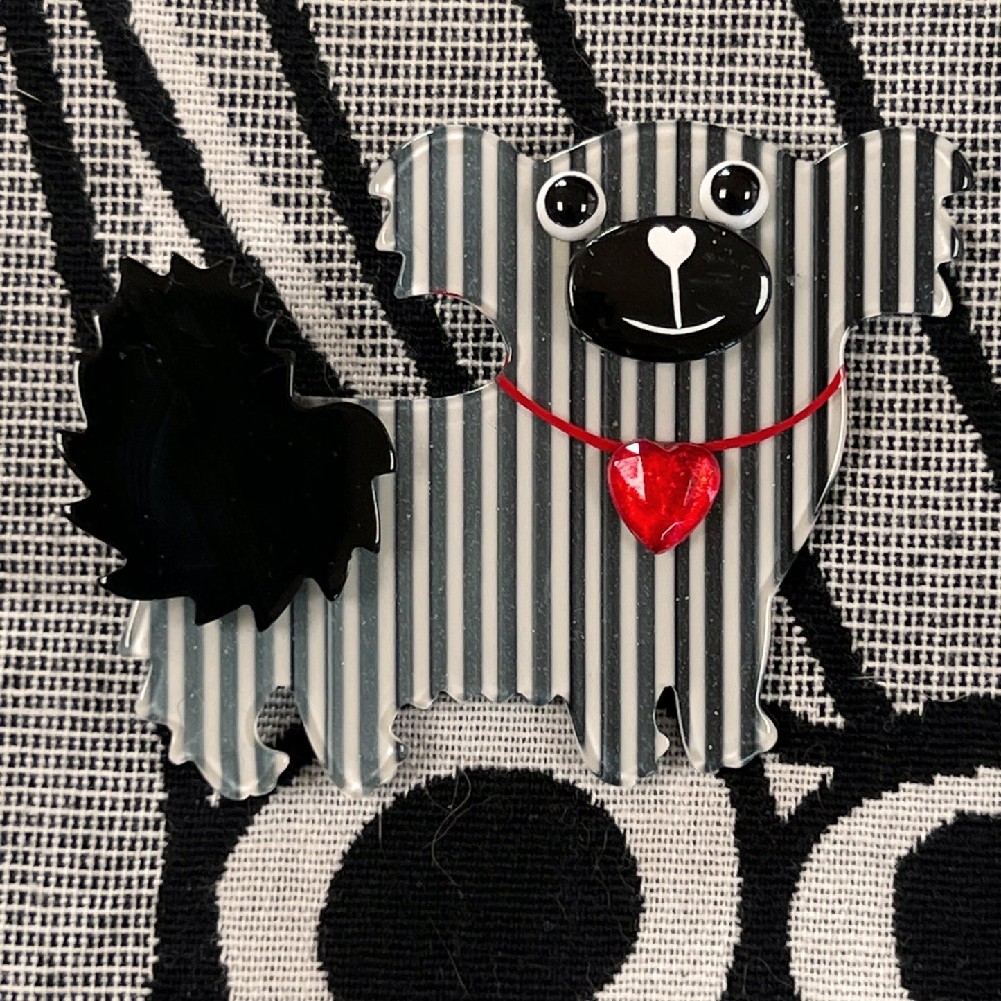 Black and White with Stipes Suki Shih Tzu Valentin Dog Brooch - Galalith – Vintage Jewelry - handcrafted by Pavone by Pavone