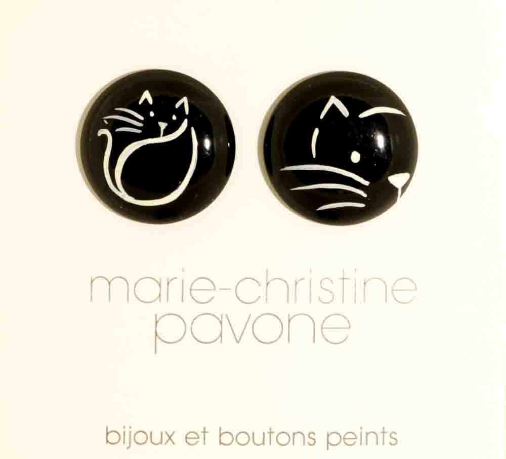 Buttons : White Graffiti Cat on Black Galalith Buttons (Set of 2 Buttons) 30mm