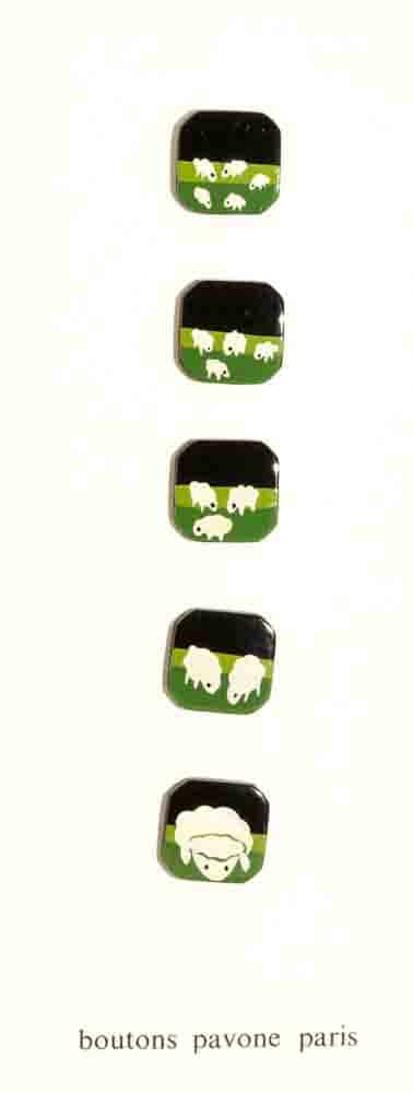 Buttons : White Sheep on Black Square Buttons. Diameter 18mm. ( Set of 5 Different Buttons)