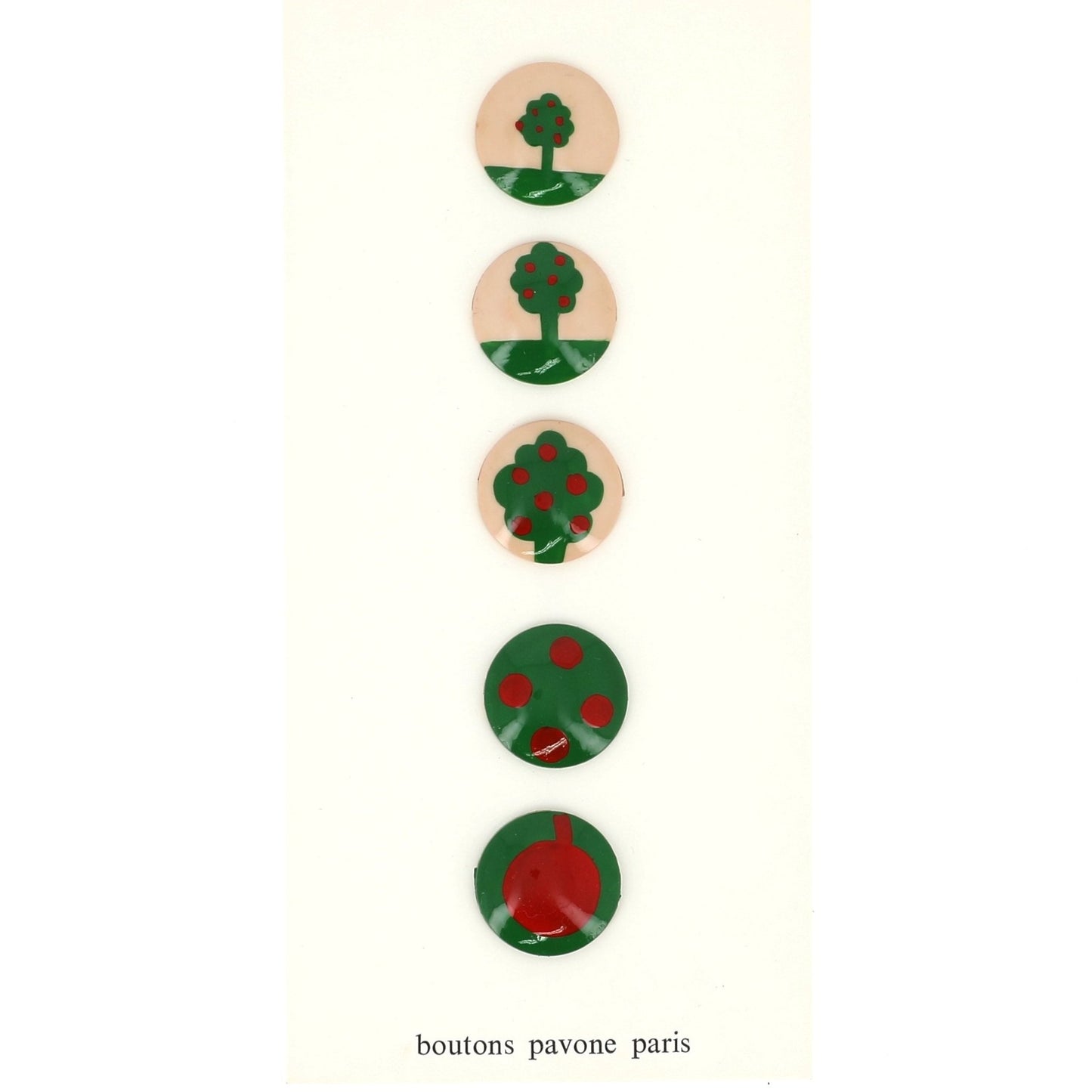 Buttons : Green Apple Tree on Beige Buttons. Diameter 22mm. (Set of 5 Different Buttons) - Galalith – Vintage Jewelry - handcrafted by Pavone by Pavone