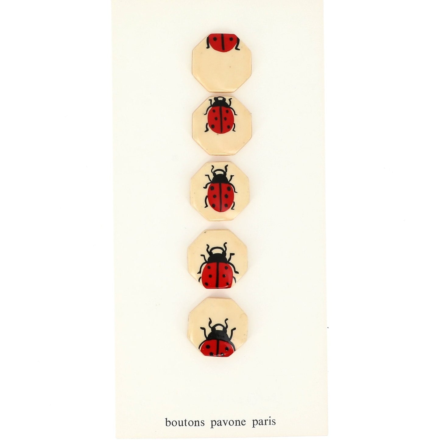 Buttons : Red Ladybug on Octogonal Light Cream Buttons. Diameter 24mm. (Set of 5 Different Buttons) - Galalith – Vintage Jewelry - handcrafted by Pavone by Pavone