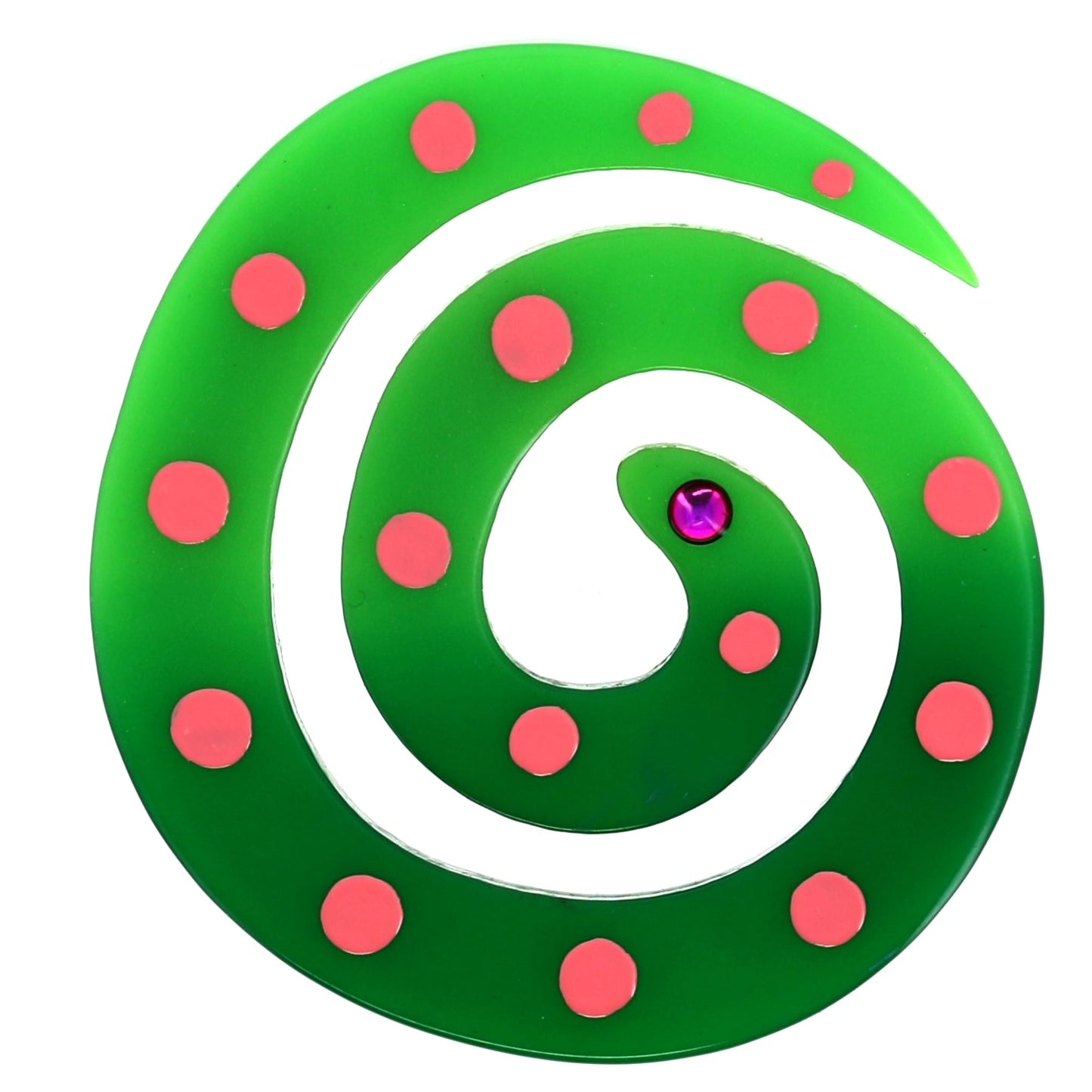Green Coiled Snake with Pink Dots Brooch - Galalith – Vintage Jewelry - handcrafted by Pavone by Pavone