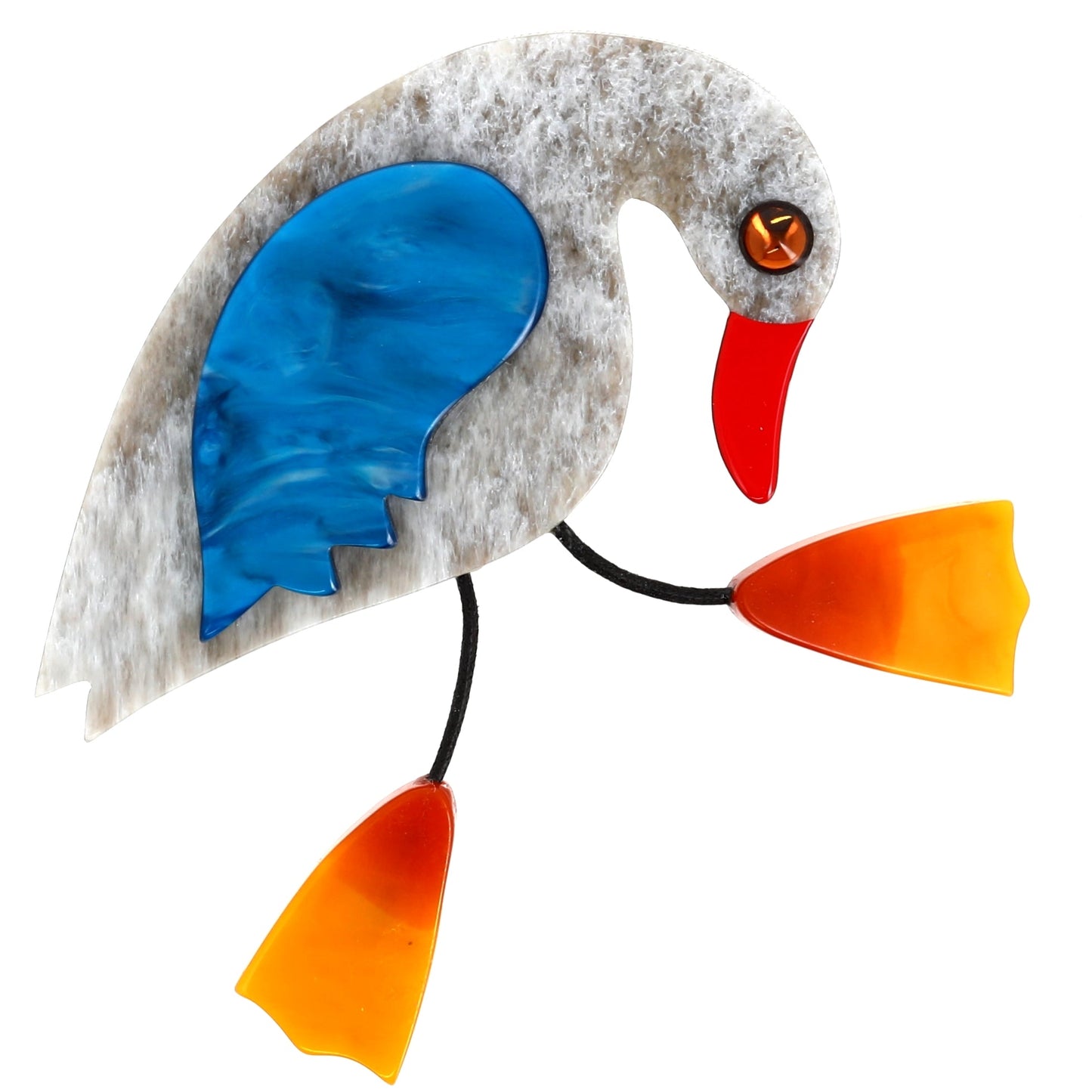 Heather grey Twisty Bird Brooch with Yellow Feet - Galalith – Vintage Jewelry - handcrafted by Pavone by Pavone