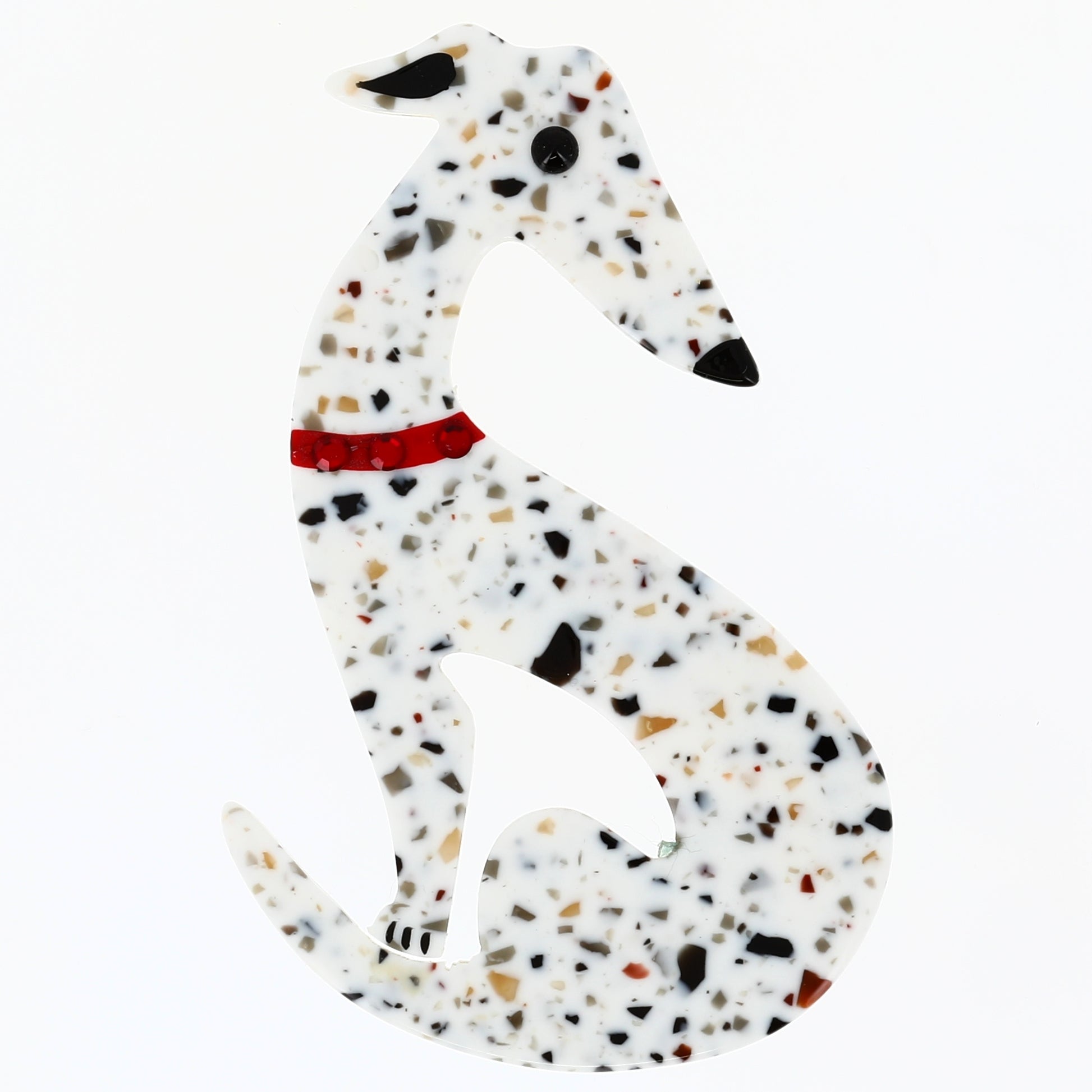 White Mosaic Greyhound Dog Brooch in galalith