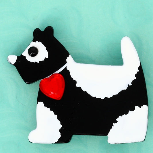 Black and White Savoy Dog Brooch in galalith