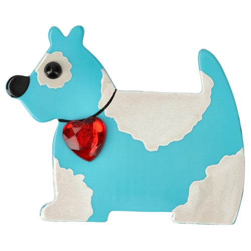 Aquamarine Savoy Dog Brooch with a red heart