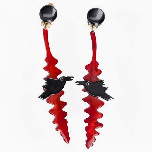 Red Bordeaux Fern Earrings with Black Raven - Galalith – Vintage Jewelry - handcrafted by Pavone by Pavone