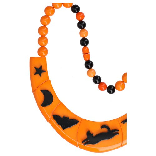 Orange and Black Halloween Necklace with Cat, Bat and Crow