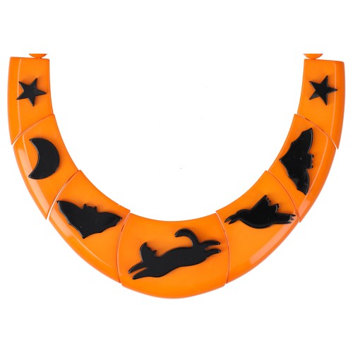 Orange and Black Halloween Necklace with Cat, Bat and Crow