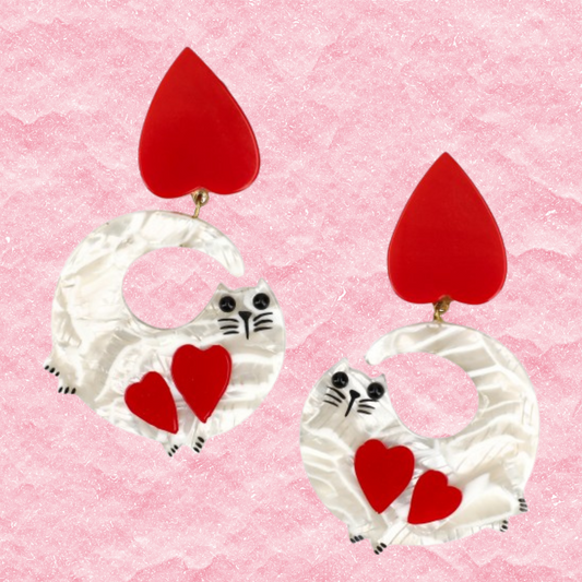 White With Red Heart Swinging Cat Earrings 