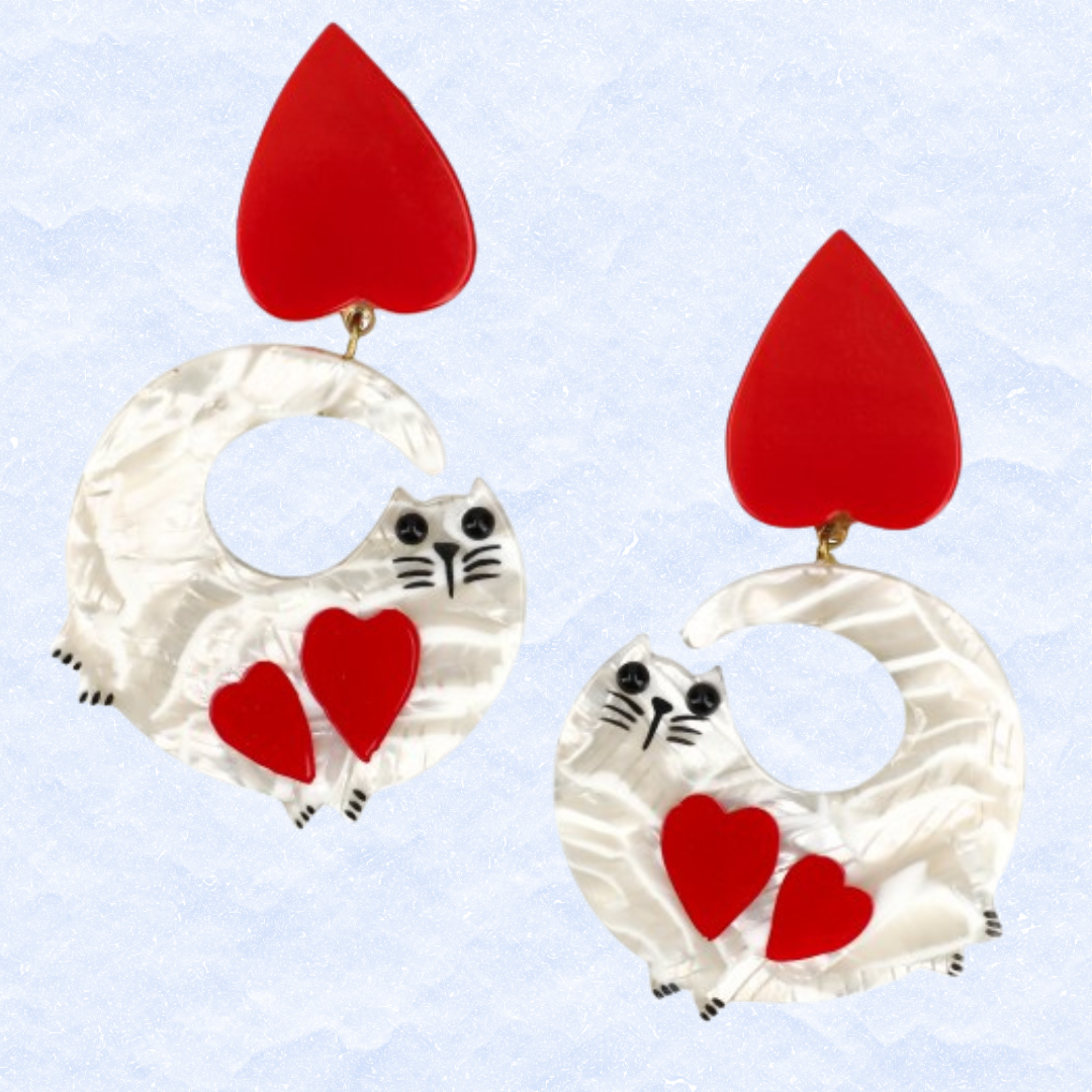 White With Red Heart Swinging Cat Earrings