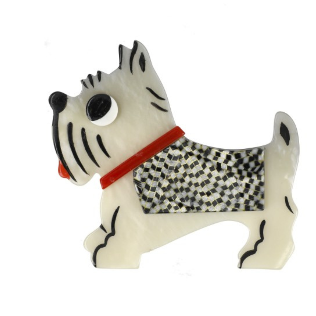 Pearly White, White and Black Checkered Coat, Red Collar, Jano Dog Brooch (Left)