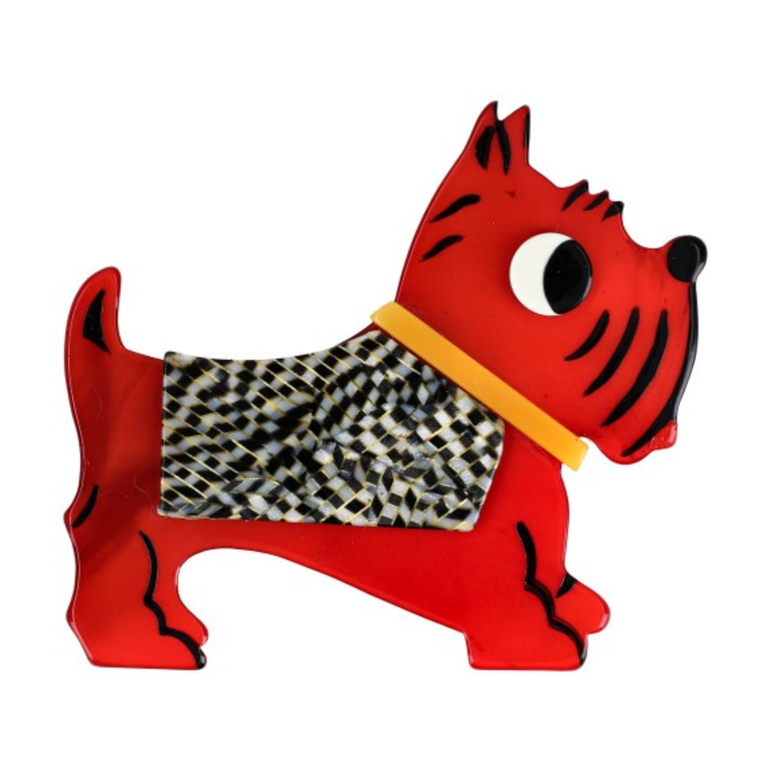 Red, Black and White Checkerboard Coat, Yellow Collar Jano Dog Brooch (Right)