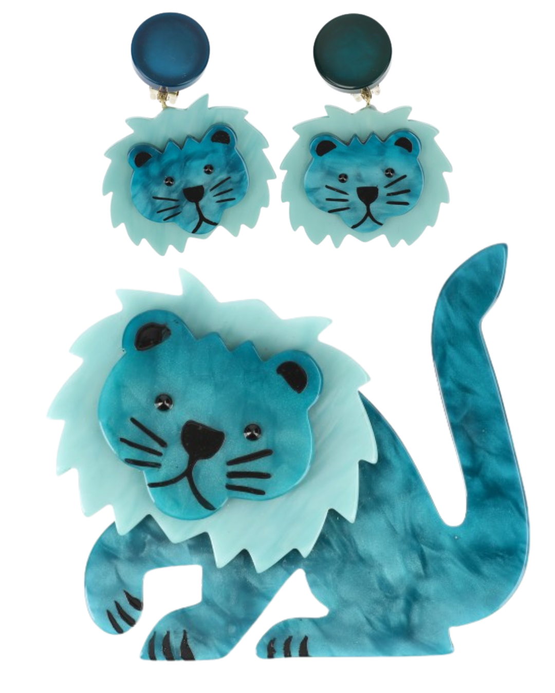 Pearly Ocean Blue and Aquamarine Blue Lion Leo Brooch and Earrings (SET)