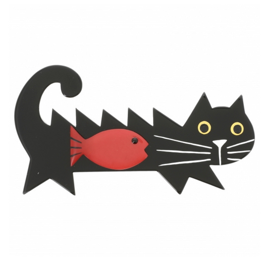 black and red fish cat brooch