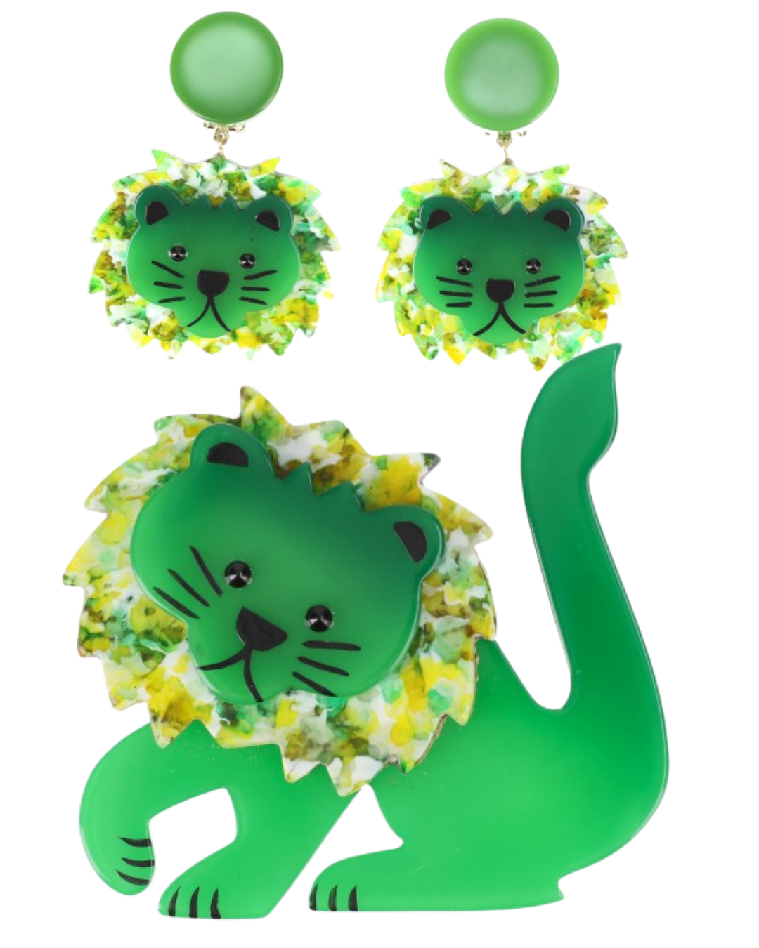 Mint Green and Dotted Green Lion Leo Brooch and Earrings (SET) 