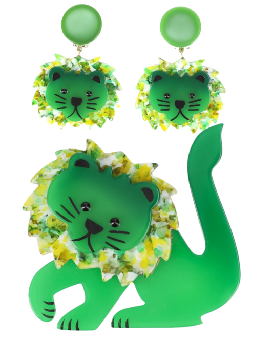 Mint Green and Dotted Green Lion Leo Brooch and Earrings (SET) 