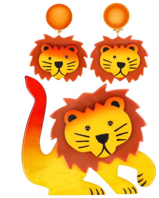 Yellow and Caramel Brown Lion Leo Brooch and Earrings (SET) 