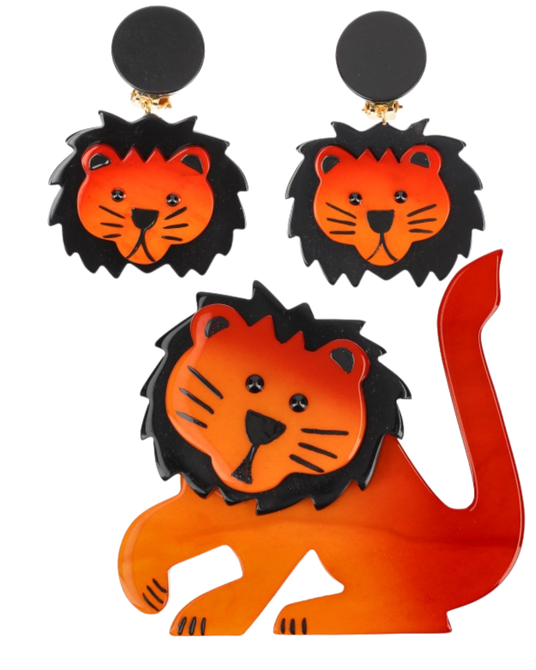 Orange and Black Lion Leo Brooch and Earrings (SET)