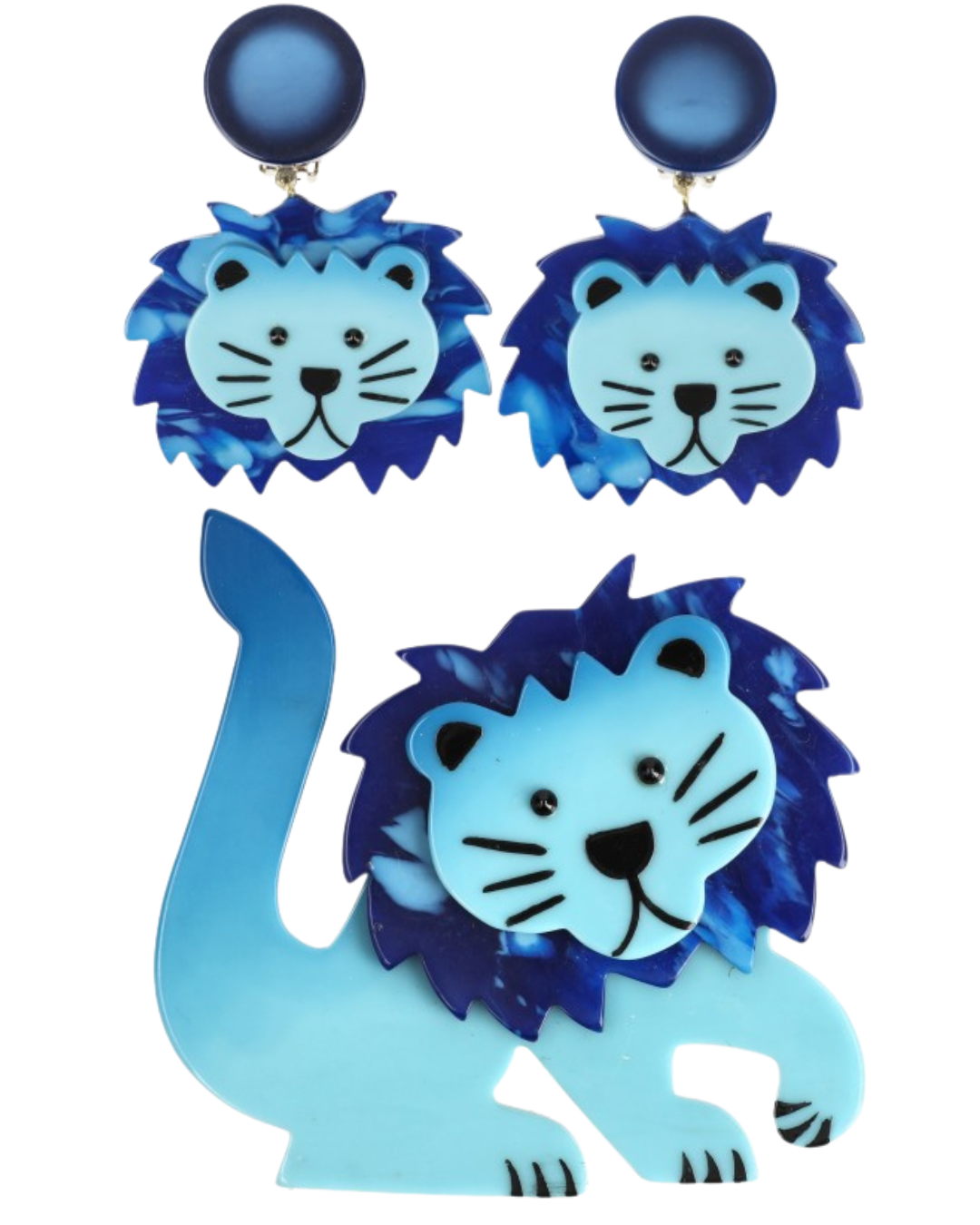 Azur and Flamed Blue Lion Leo Brooch and Earrings (SET)
