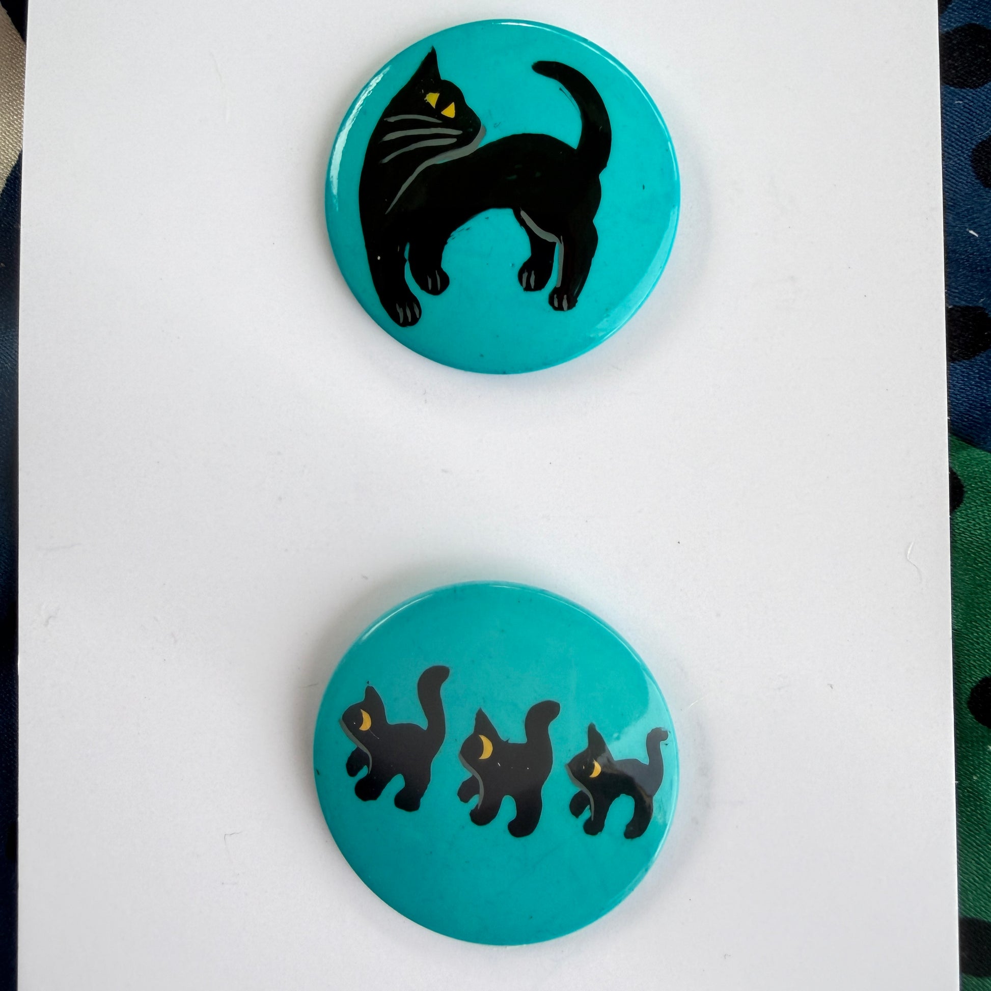 Buttons : Black Family Cat on Turquoise Blue Galalith Buttons (Set of 2 Buttons) diameter 28mm