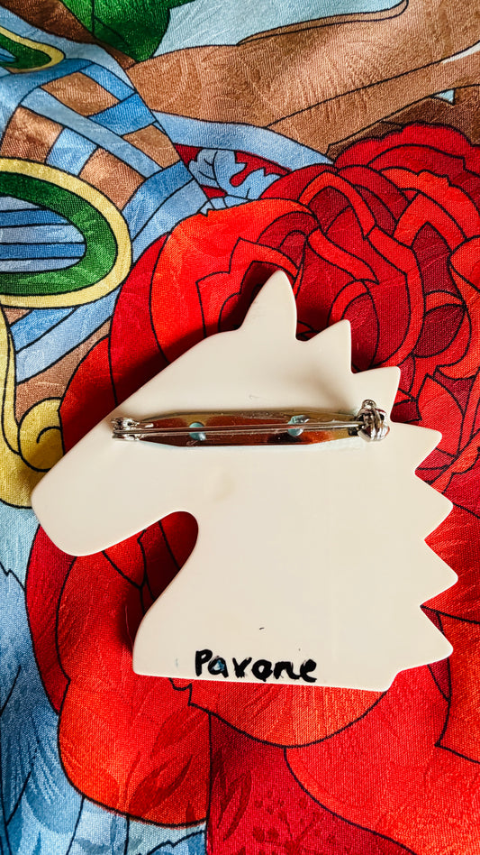 Ivory White and multicolored Horse 's Head Brooch  back size