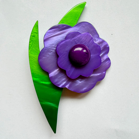 Lilac Purple, Purple and Grass Green Dalhia Flower Brooch