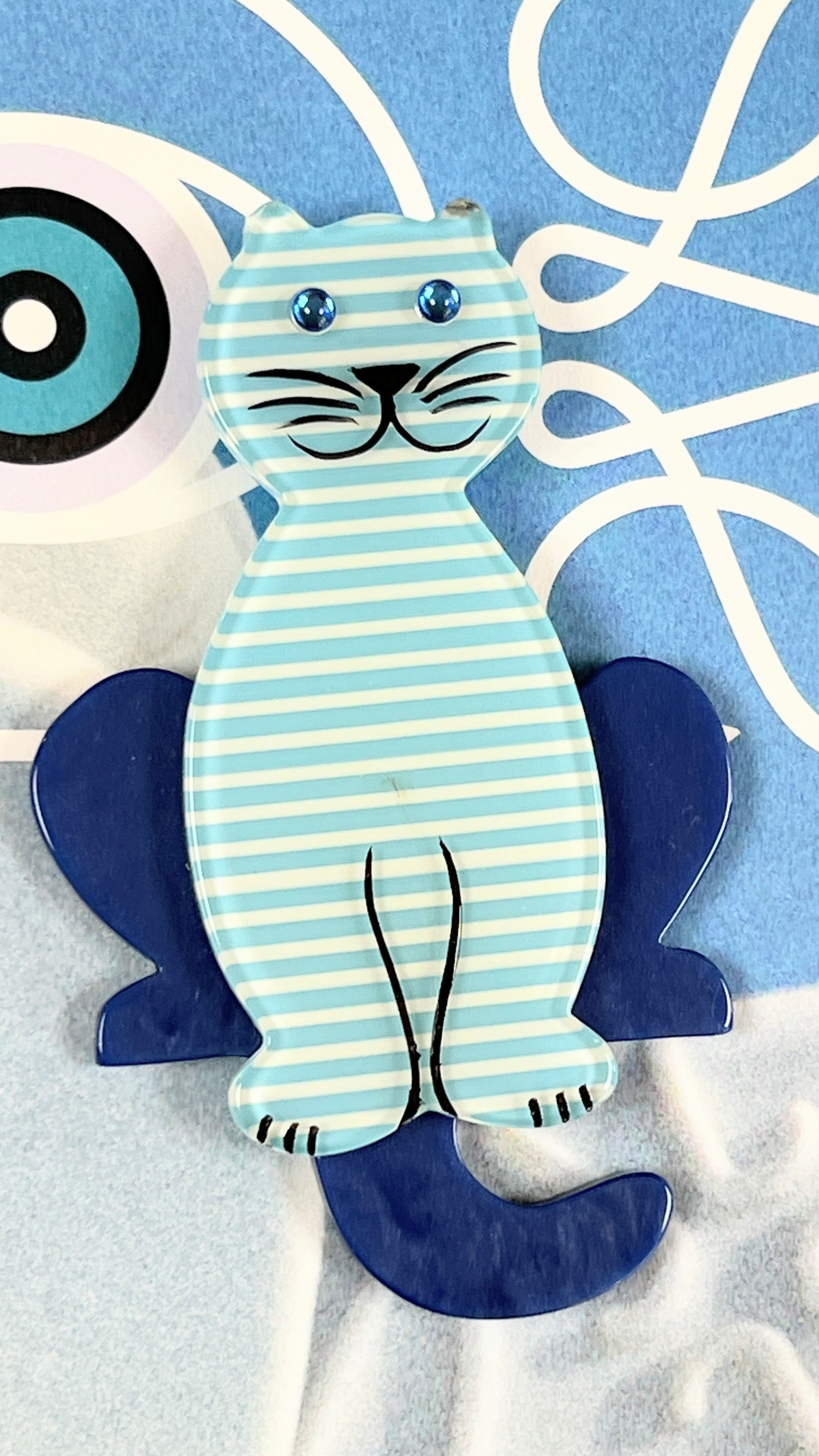 Stiped Sky Blue and Blue Lucifer Cat brooch