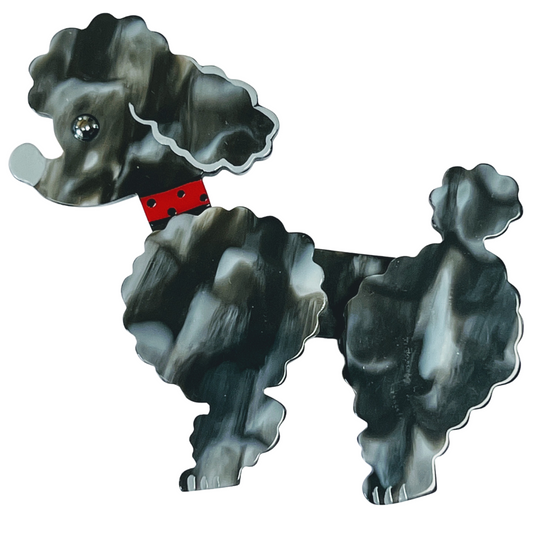 Speckled Grey Ari Poodle Dog Brooch with a red necklace