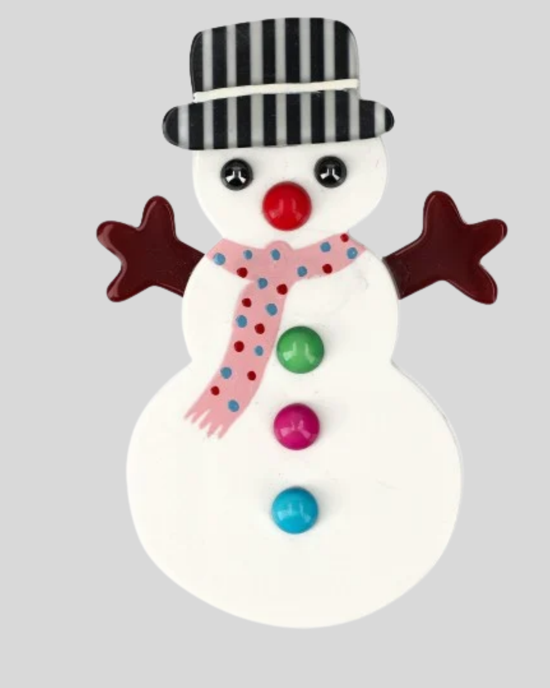 White Snowman Brooch with a striped Black Hat and a Pink scarf