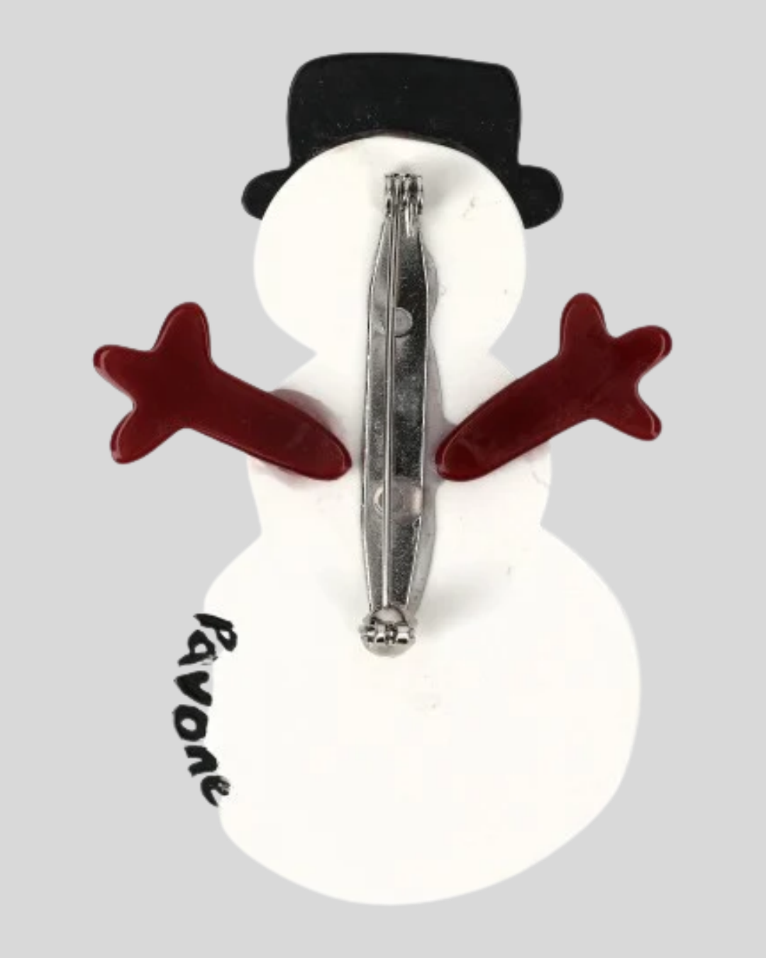 White Snowman Brooch with a striped Black Hat and a Pink scarf Red Scarf back side