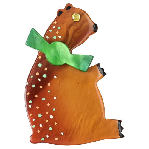 Ginger Sitting Alex Bear Brooch with a green Bow