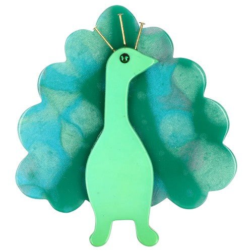 Almond Green with Multicolor Green Peacock Bird Brooch - Galalith – Vintage Jewelry - handcrafted by Pavone by Pavone