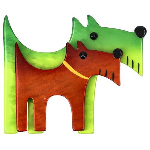 Anis Green and Ginger Orange Double Dog Brooch - Galalith – Vintage Jewelry - handcrafted by Pavone by Pavone