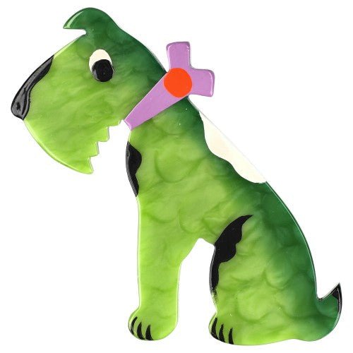 Anis Green Solito Dog with a Lilac Purple Collar Brooch - Galalith – Vintage Jewelry - handcrafted by Pavone by Pavone