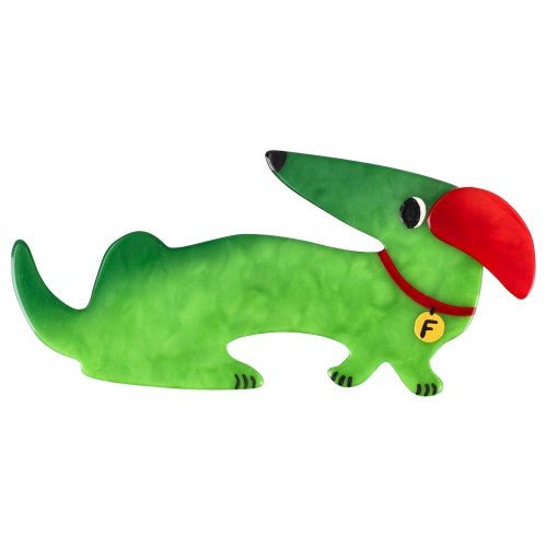 Anise Green Dachshund Fifi Dog Brooch with a Red necklace and a Red Hear - Galalith – Vintage Jewelry - handcrafted by Pavone by Pavone