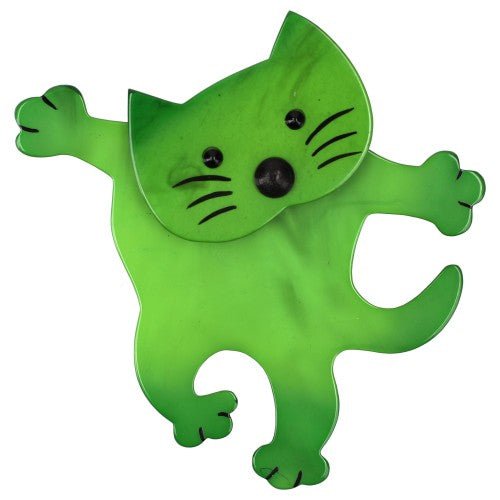 Apple Green Dancing Cat Brooch with Red Nose Galalith – Vintage Jewelry - handcrafted by Pavone by Pavone