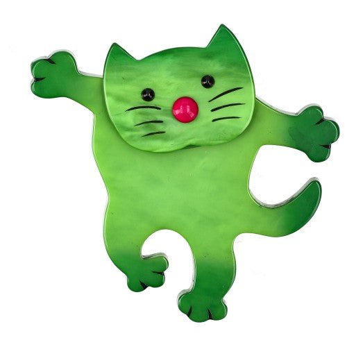 Apple Green Dancing Cat Brooch with Red Nose - Galalith – Vintage Jewelry - handcrafted by Pavone by Pavone