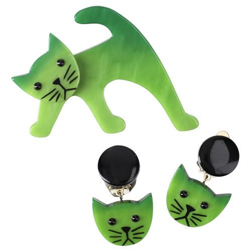 Apple Green Ouistiti Cat Set (Brooch and Earrings) - Galalith – Vintage Jewelry - handcrafted by Pavone by Pavone