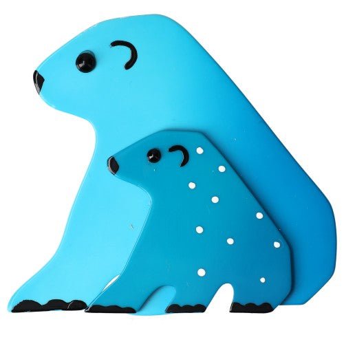 Aquamarine and Deep Turquoise Blue with White Polka Dots Nanuk and Cub Polar Bear Brooch - Galalith – Vintage Jewelry - handcrafted by Pavone by Pavone