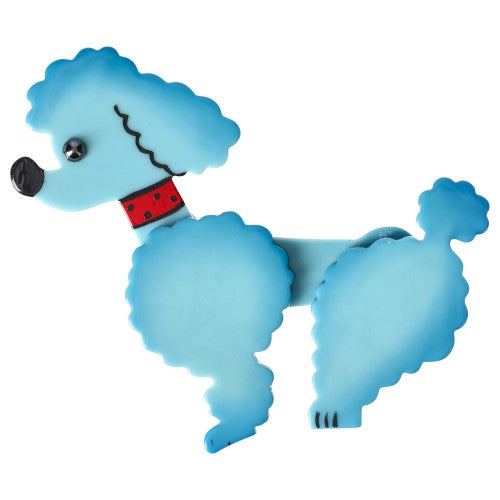 Azur Blue Ari Poodle Dog Brooch with a red necklace
