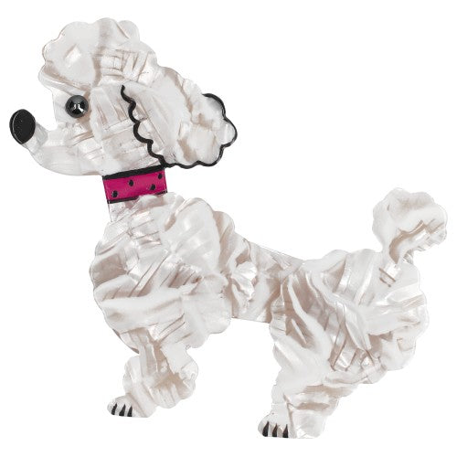White with patterns Ari Poodle Dog Brooch with a red necklace 