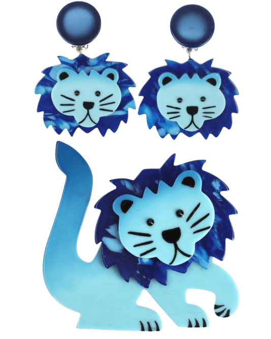 Azur and Flamed Blue Lion Leo Brooch and Earrings (SET) - Galalith – Vintage Jewelry - handcrafted by Pavone by Pavone