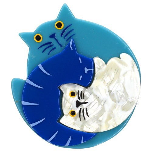 Azur, Denim Blue and White Puzzle Cat Brooch - Galalith – Vintage Jewelry - handcrafted by Pavone by Pavone