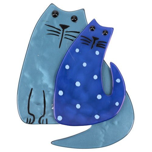 Baltic Blue and cobalt blue with Polka Dots Cat Couple Brooch - Galalith – Vintage Jewelry - handcrafted by Pavone by Pavone
