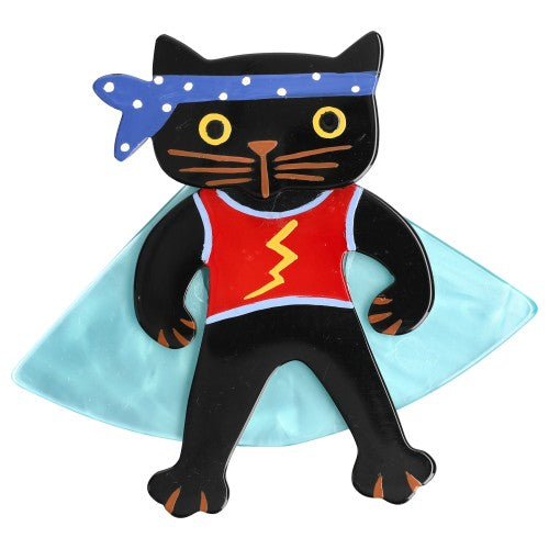 Black, Red, Blue and Aquamarine Blue Bandit Cat Brooch